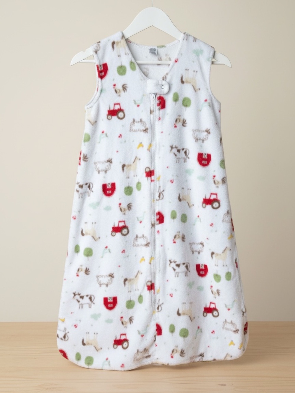 Amazon White Fleece Kids Sleep Sack with Red Tractor Farm Print